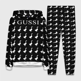 Женский костюм 3D (с толстовкой) с принтом Gussi Black в Курске,  |  | gucci | gussi ga ga ga | gussi gang | бренд | гусь | птица