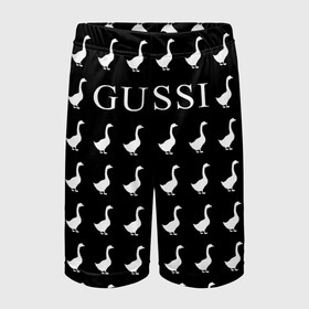 Детские спортивные шорты 3D с принтом Gussi Black в Курске,  100% полиэстер
 | пояс оформлен широкой мягкой резинкой, ткань тянется
 | Тематика изображения на принте: gucci | gussi ga ga ga | gussi gang | бренд | гусь | птица