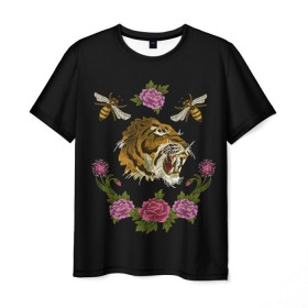 Мужская футболка 3D с принтом GG Tiger в Курске, 100% полиэфир | прямой крой, круглый вырез горловины, длина до линии бедер | bee | brand | flower | flowers | gg | ggang | gucci | guccigang | tiger | вышивка | гг | гуччи | пчела | пчелы | тигр | цветок | цветы