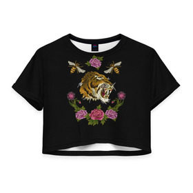 Женская футболка 3D укороченная с принтом GG Tiger в Курске, 100% полиэстер | круглая горловина, длина футболки до линии талии, рукава с отворотами | bee | brand | flower | flowers | gg | ggang | gucci | guccigang | tiger | вышивка | гг | гуччи | пчела | пчелы | тигр | цветок | цветы