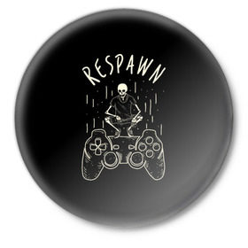 Значок с принтом respawn в Курске,  металл | круглая форма, металлическая застежка в виде булавки | bone | gamepad | skull | джойстик | скелет | череп