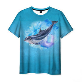 Мужская футболка 3D с принтом Дельфин в Курске, 100% полиэфир | прямой крой, круглый вырез горловины, длина до линии бедер | dolphin | акварель | дельфин | море | морские млекопитающие | океан | синий