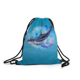 Рюкзак-мешок 3D с принтом Дельфин в Курске, 100% полиэстер | плотность ткани — 200 г/м2, размер — 35 х 45 см; лямки — толстые шнурки, застежка на шнуровке, без карманов и подкладки | Тематика изображения на принте: dolphin | акварель | дельфин | море | морские млекопитающие | океан | синий