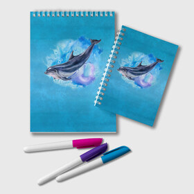 Блокнот с принтом Дельфин в Курске, 100% бумага | 48 листов, плотность листов — 60 г/м2, плотность картонной обложки — 250 г/м2. Листы скреплены удобной пружинной спиралью. Цвет линий — светло-серый
 | dolphin | акварель | дельфин | море | морские млекопитающие | океан | синий