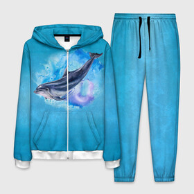 Мужской костюм 3D с принтом Дельфин в Курске, 100% полиэстер | Манжеты и пояс оформлены тканевой резинкой, двухслойный капюшон со шнурком для регулировки, карманы спереди | dolphin | акварель | дельфин | море | морские млекопитающие | океан | синий