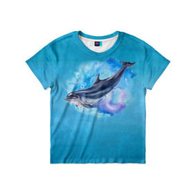 Детская футболка 3D с принтом Дельфин в Курске, 100% гипоаллергенный полиэфир | прямой крой, круглый вырез горловины, длина до линии бедер, чуть спущенное плечо, ткань немного тянется | dolphin | акварель | дельфин | море | морские млекопитающие | океан | синий
