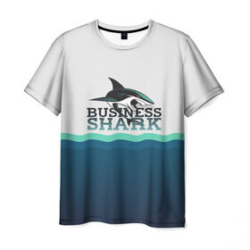 Мужская футболка 3D с принтом Бизнес-акула в Курске, 100% полиэфир | прямой крой, круглый вырез горловины, длина до линии бедер | business | fish | letterin | sea | shark | water | акула | белый | бизнес | вектор | вода | зубы | логотип | море | надпись | оранжевый | охотник | рыба | синий | текст | тень | хищник | черный