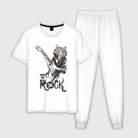 Мужская пижама хлопок с принтом Тигр Рок в Курске, 100% хлопок | брюки и футболка прямого кроя, без карманов, на брюках мягкая резинка на поясе и по низу штанин
 | rock | гитара | рок | рокер | тигр | тигры