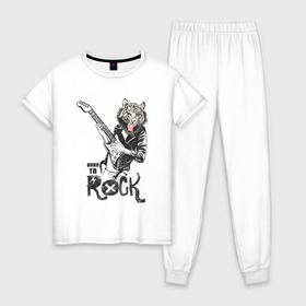 Женская пижама хлопок с принтом Тигр Рок в Курске, 100% хлопок | брюки и футболка прямого кроя, без карманов, на брюках мягкая резинка на поясе и по низу штанин | rock | гитара | рок | рокер | тигр | тигры
