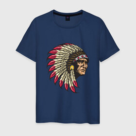 Мужская футболка хлопок с принтом Индеец в Курске, 100% хлопок | прямой крой, круглый вырез горловины, длина до линии бедер, слегка спущенное плечо. | америка | американец | индеец | индейцы | коренной американец | перья | с индейцом | сша | хипстер