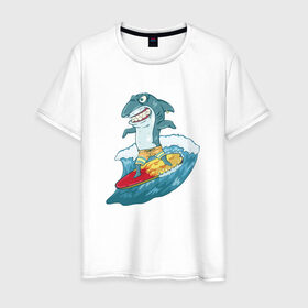 Мужская футболка хлопок с принтом Акула Серфер в Курске, 100% хлопок | прямой крой, круглый вырез горловины, длина до линии бедер, слегка спущенное плечо. | лето | серфинг | спорт