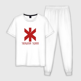Мужская пижама хлопок с принтом TRAUMA TEAM \ CYBERPUNK 2077 в Курске, 100% хлопок | брюки и футболка прямого кроя, без карманов, на брюках мягкая резинка на поясе и по низу штанин
 | 2019 | cd project red | cyberpunk 2077 | future | hack | night city | samurai | sci fi | trauma team | андроиды | безумие | будущее | город ночи | киберпанк 2077 | логотип | роботы | самураи | фантастика | цифры
