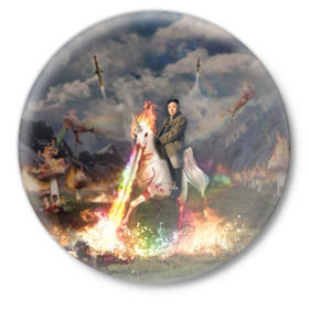 Значок с принтом Ким чен ын на Единороге в Курске,  металл | круглая форма, металлическая застежка в виде булавки | Тематика изображения на принте: 