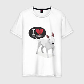 Мужская футболка хлопок с принтом Я люблю Бультерьера в Курске, 100% хлопок | прямой крой, круглый вырез горловины, длина до линии бедер, слегка спущенное плечо. | bull terrier | буль | буль терьер | бультерьер | с бультерьером | с собакой | собака | собаки | я люблю