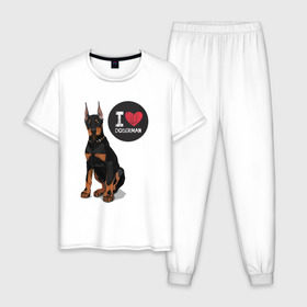 Мужская пижама хлопок с принтом Я люблю Добермана в Курске, 100% хлопок | брюки и футболка прямого кроя, без карманов, на брюках мягкая резинка на поясе и по низу штанин
 | Тематика изображения на принте: доберман | с доберманом | собака | собаки | собачки | я люблю