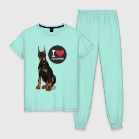 Женская пижама хлопок с принтом Я люблю Добермана в Курске, 100% хлопок | брюки и футболка прямого кроя, без карманов, на брюках мягкая резинка на поясе и по низу штанин | доберман | с доберманом | собака | собаки | собачки | я люблю