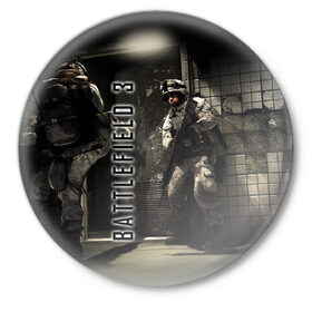 Значок с принтом BATTLEFIELD 3 в Курске,  металл | круглая форма, металлическая застежка в виде булавки | battlefield | война | игры | оружия | поле битвы | солдат | спецназ | стратегия | тактика | танки | шутер