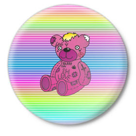 Значок с принтом Мишка Lil Peep в Курске,  металл | круглая форма, металлическая застежка в виде булавки | gbc | hip hop | lil peep | love | pink | rap | лил пип | лилпип | медведь | медвежонок | мишка | реп | розовый | рэп | тату | трэп | хип хоп | эмо