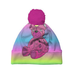 Шапка 3D c помпоном с принтом Мишка Lil Peep в Курске, 100% полиэстер | универсальный размер, печать по всей поверхности изделия | gbc | hip hop | lil peep | love | pink | rap | лил пип | лилпип | медведь | медвежонок | мишка | реп | розовый | рэп | тату | трэп | хип хоп | эмо