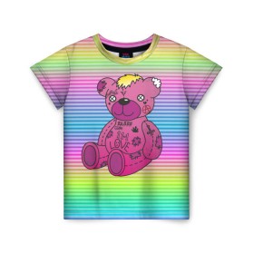 Детская футболка 3D с принтом Мишка Lil Peep в Курске, 100% гипоаллергенный полиэфир | прямой крой, круглый вырез горловины, длина до линии бедер, чуть спущенное плечо, ткань немного тянется | Тематика изображения на принте: gbc | hip hop | lil peep | love | pink | rap | лил пип | лилпип | медведь | медвежонок | мишка | реп | розовый | рэп | тату | трэп | хип хоп | эмо