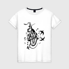 Женская футболка хлопок с принтом JAZZ в Курске, 100% хлопок | прямой крой, круглый вырез горловины, длина до линии бедер, слегка спущенное плечо | саксофон | саксофонист