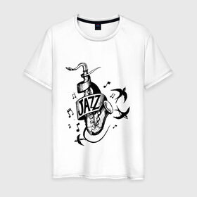 Мужская футболка хлопок с принтом JAZZ в Курске, 100% хлопок | прямой крой, круглый вырез горловины, длина до линии бедер, слегка спущенное плечо. | саксофон | саксофонист