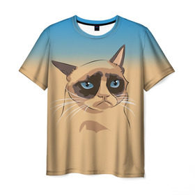 Мужская футболка 3D с принтом Grumpy cat ART в Курске, 100% полиэфир | прямой крой, круглый вырез горловины, длина до линии бедер | cat | grumpy | грустный кот | киса | кот | котэ | котяра | кошка | мем | сердитый кот