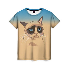 Женская футболка 3D с принтом Grumpy cat ART в Курске, 100% полиэфир ( синтетическое хлопкоподобное полотно) | прямой крой, круглый вырез горловины, длина до линии бедер | cat | grumpy | грустный кот | киса | кот | котэ | котяра | кошка | мем | сердитый кот