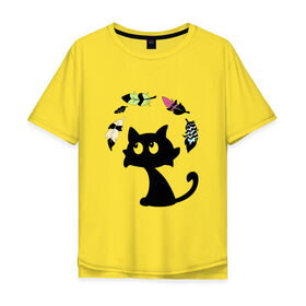 Мужская футболка хлопок Oversize с принтом Котик и перья в Курске, 100% хлопок | свободный крой, круглый ворот, “спинка” длиннее передней части | Тематика изображения на принте: воздушный | девушкам. детям | животное | забавный | кот | котейка | котёнок | котик | кошка | летать | милый | перо | пёрышко | чёрный кот