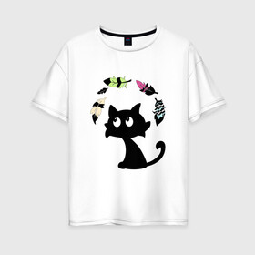 Женская футболка хлопок Oversize с принтом Котик и перья в Курске, 100% хлопок | свободный крой, круглый ворот, спущенный рукав, длина до линии бедер
 | воздушный | девушкам. детям | животное | забавный | кот | котейка | котёнок | котик | кошка | летать | милый | перо | пёрышко | чёрный кот