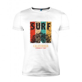 Мужская футболка премиум с принтом Surf в Курске, 92% хлопок, 8% лайкра | приталенный силуэт, круглый вырез ворота, длина до линии бедра, короткий рукав | абстракция | калифорния | летние | летняя | лето | серфинг | узоры