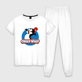 Женская пижама хлопок с принтом Чилли Вилли в Курске, 100% хлопок | брюки и футболка прямого кроя, без карманов, на брюках мягкая резинка на поясе и по низу штанин | chili vili | chilli willi | chilly willy | пингвин | пингвиненок | чили вили | чилли вилли