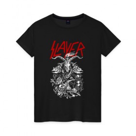 Женская футболка хлопок с принтом Slayer в Курске, 100% хлопок | прямой крой, круглый вырез горловины, длина до линии бедер, слегка спущенное плечо | slayer | гэри холт | керри кинг | пол бостаф | рок группа | слаер | слайер | слеар | слеер | слейр | слеяр | том арайа | хеви