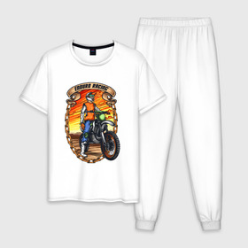 Мужская пижама хлопок с принтом Мотоциклист в Курске, 100% хлопок | брюки и футболка прямого кроя, без карманов, на брюках мягкая резинка на поясе и по низу штанин
 | racing | гонка | гонки | горные | мото | мотоцикл | мотоциклы | рейсинг