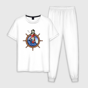 Мужская пижама хлопок с принтом Маяк в Курске, 100% хлопок | брюки и футболка прямого кроя, без карманов, на брюках мягкая резинка на поясе и по низу штанин
 | капитан | летние | летняя | лето | маяк | море | морские | моряк | океан | руль