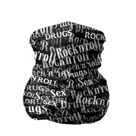 Бандана-труба 3D с принтом Sex, Drugs & Rock`n`Roll в Курске, 100% полиэстер, ткань с особыми свойствами — Activecool | плотность 150‒180 г/м2; хорошо тянется, но сохраняет форму | Тематика изображения на принте: jack daniel’s | белый | паттерн | рок | рок н ролл | рокнролл | текст | черный