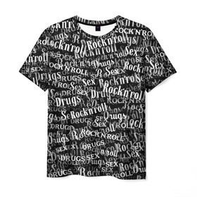 Мужская футболка 3D с принтом Sex, Drugs & Rock`n`Roll в Курске, 100% полиэфир | прямой крой, круглый вырез горловины, длина до линии бедер | jack daniel’s | белый | паттерн | рок | рок н ролл | рокнролл | текст | черный