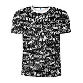 Мужская футболка 3D спортивная с принтом Sex, Drugs & Rock`n`Roll в Курске, 100% полиэстер с улучшенными характеристиками | приталенный силуэт, круглая горловина, широкие плечи, сужается к линии бедра | jack daniel’s | белый | паттерн | рок | рок н ролл | рокнролл | текст | черный