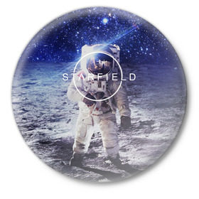 Значок с принтом STARFIELD в Курске,  металл | круглая форма, металлическая застежка в виде булавки | Тематика изображения на принте: 2019 | 2020 | bethesda | logo | space | starfield | звезды | игра | космонавт | космос | логотип | старфиелд