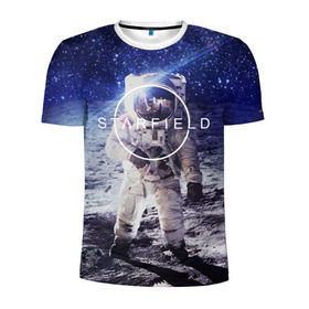 Мужская футболка 3D спортивная с принтом STARFIELD в Курске, 100% полиэстер с улучшенными характеристиками | приталенный силуэт, круглая горловина, широкие плечи, сужается к линии бедра | 2019 | 2020 | bethesda | logo | space | starfield | звезды | игра | космонавт | космос | логотип | старфиелд