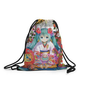 Рюкзак-мешок 3D с принтом Hatsune Miku в Курске, 100% полиэстер | плотность ткани — 200 г/м2, размер — 35 х 45 см; лямки — толстые шнурки, застежка на шнуровке, без карманов и подкладки | аниме | виртуальная певица | вокалоид | девушки | манга | мульт | сёдзё | сериал | фантастика | япония