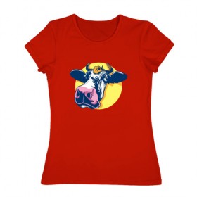 Женская футболка хлопок с принтом Корова в Курске, 100% хлопок | прямой крой, круглый вырез горловины, длина до линии бедер, слегка спущенное плечо | 