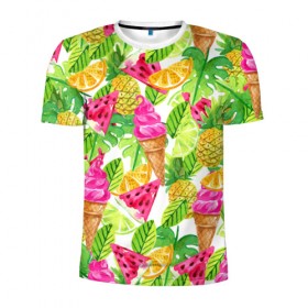 Мужская футболка 3D спортивная с принтом Летнее настроение в Курске, 100% полиэстер с улучшенными характеристиками | приталенный силуэт, круглая горловина, широкие плечи, сужается к линии бедра | summer | зелень | листья | море | пляж | тропики | фруткты | цветы