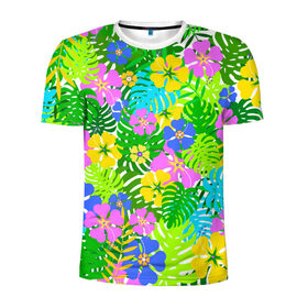 Мужская футболка 3D спортивная с принтом Летнее настроение в Курске, 100% полиэстер с улучшенными характеристиками | приталенный силуэт, круглая горловина, широкие плечи, сужается к линии бедра | гавайи | зелень | лето | листья | тропики | цветы