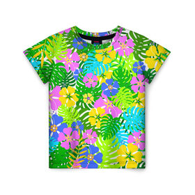 Детская футболка 3D с принтом Летнее настроение в Курске, 100% гипоаллергенный полиэфир | прямой крой, круглый вырез горловины, длина до линии бедер, чуть спущенное плечо, ткань немного тянется | Тематика изображения на принте: гавайи | зелень | лето | листья | тропики | цветы
