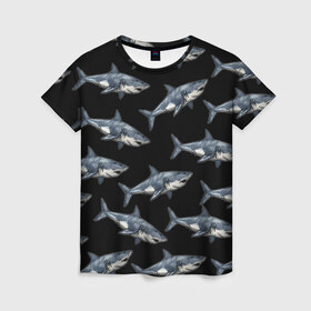 Женская футболка 3D с принтом Акулы в Курске, 100% полиэфир ( синтетическое хлопкоподобное полотно) | прямой крой, круглый вырез горловины, длина до линии бедер | shark | паттерн