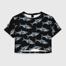 Женская футболка 3D укороченная с принтом Акулы в Курске, 100% полиэстер | круглая горловина, длина футболки до линии талии, рукава с отворотами | shark | паттерн