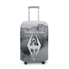 Чехол для чемодана 3D с принтом TES V SKYRIM в Курске, 86% полиэфир, 14% спандекс | двустороннее нанесение принта, прорези для ручек и колес | dragon | mountain | skyrim | tes | tes 5 | the elder scrolls | горы | дракон | логотип | эмблема