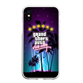 Чехол для iPhone XS Max матовый с принтом GTA Vice City в Курске, Силикон | Область печати: задняя сторона чехла, без боковых панелей | 5 звезд | auto | grand | gta | theft | vice city |   лето | вай сити | вертолеты | гта | звезды | логотип | надпись | пальмы | пляжная | рисунок | розыск | рубашка | томми версетти