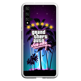 Чехол для Honor 20 с принтом GTA Vice City в Курске, Силикон | Область печати: задняя сторона чехла, без боковых панелей | 5 звезд | auto | grand | gta | theft | vice city |   лето | вай сити | вертолеты | гта | звезды | логотип | надпись | пальмы | пляжная | рисунок | розыск | рубашка | томми версетти